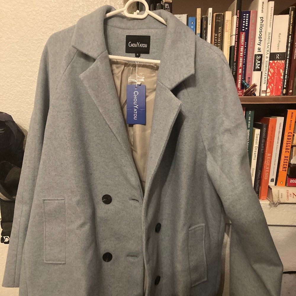 mid long light blue wool blend coat